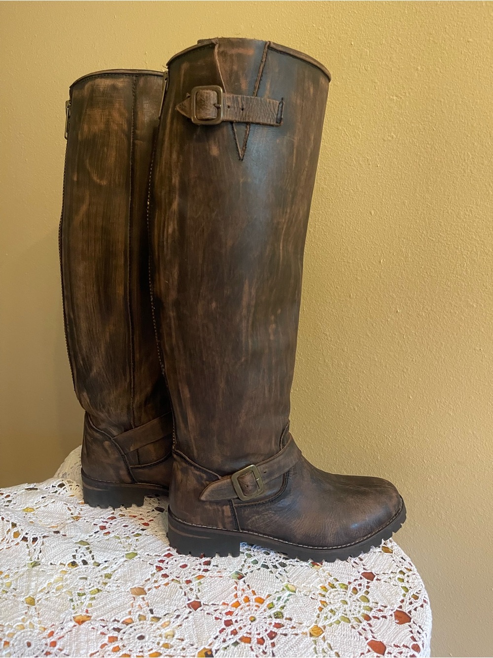 Tall Brown Distressed Leather Riding Boots, zipper and buckle
